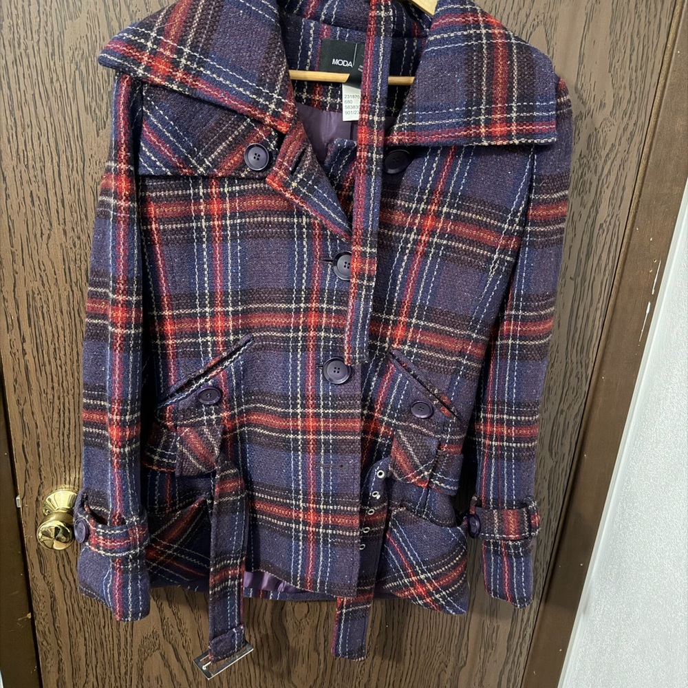 Women’s Plaid Peacoat - Purple and Red